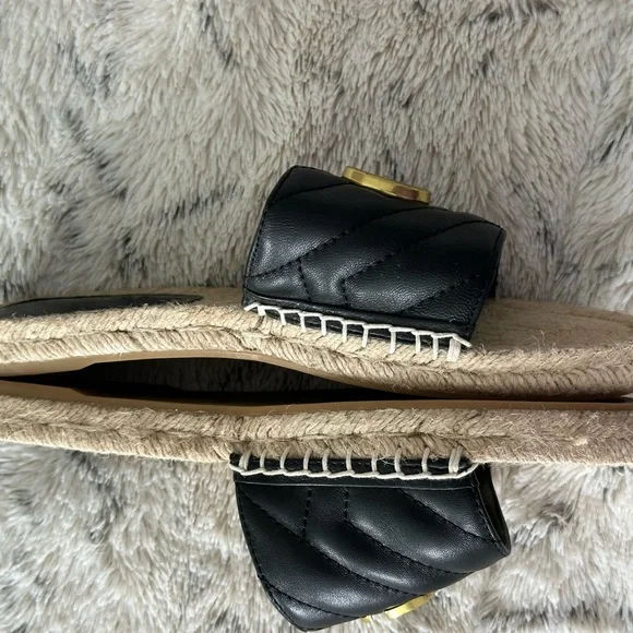 Black Leather Slides with Gold Logo - Picture 3 of 8